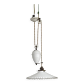 Suspension vintage français à contrepoids avec abat-jour en verre opalin