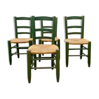 Lot de 4 chaises paillées design campagne 1960