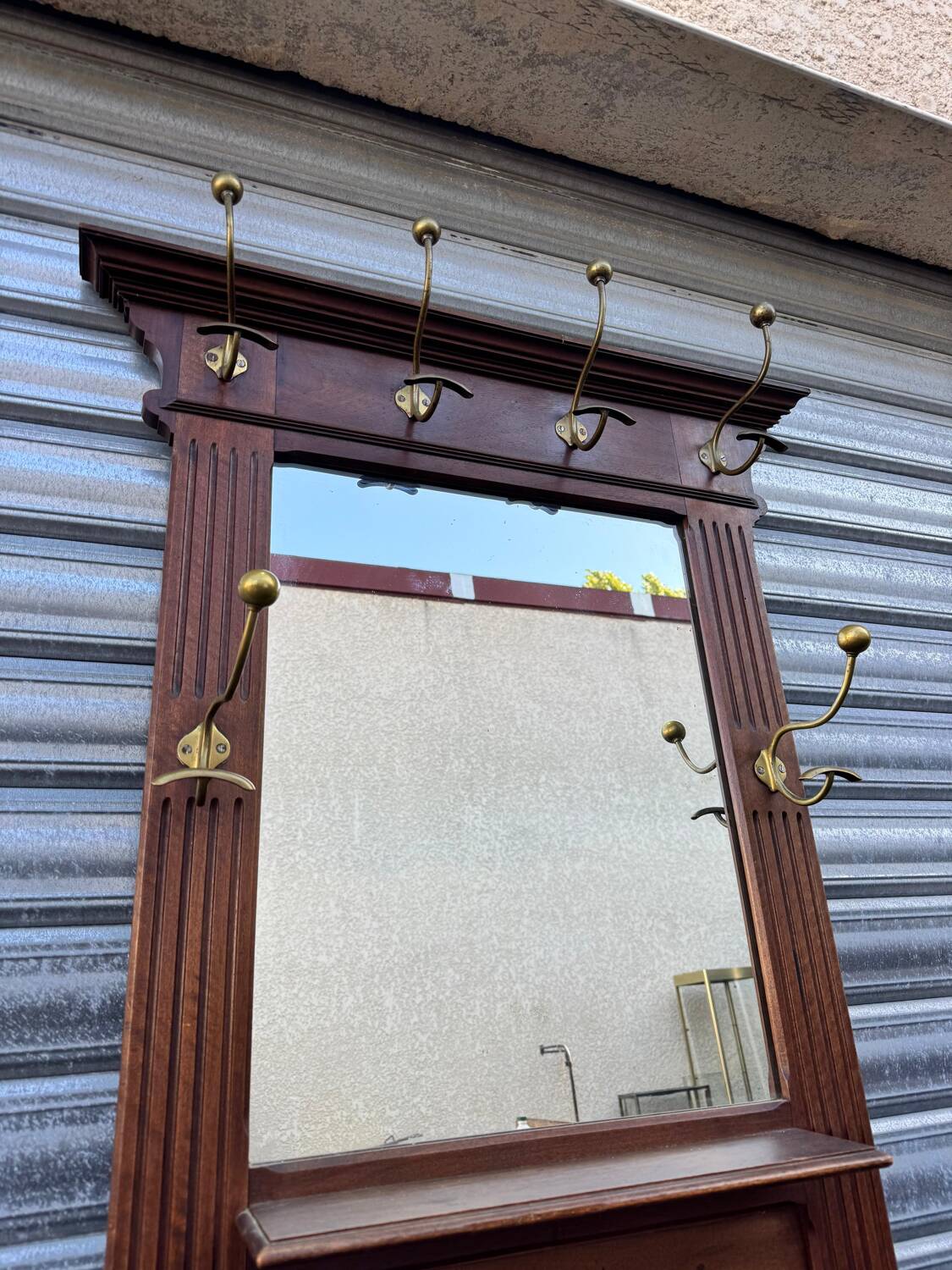 Antique hall coat rack – mirror, hooks & umbrella stand