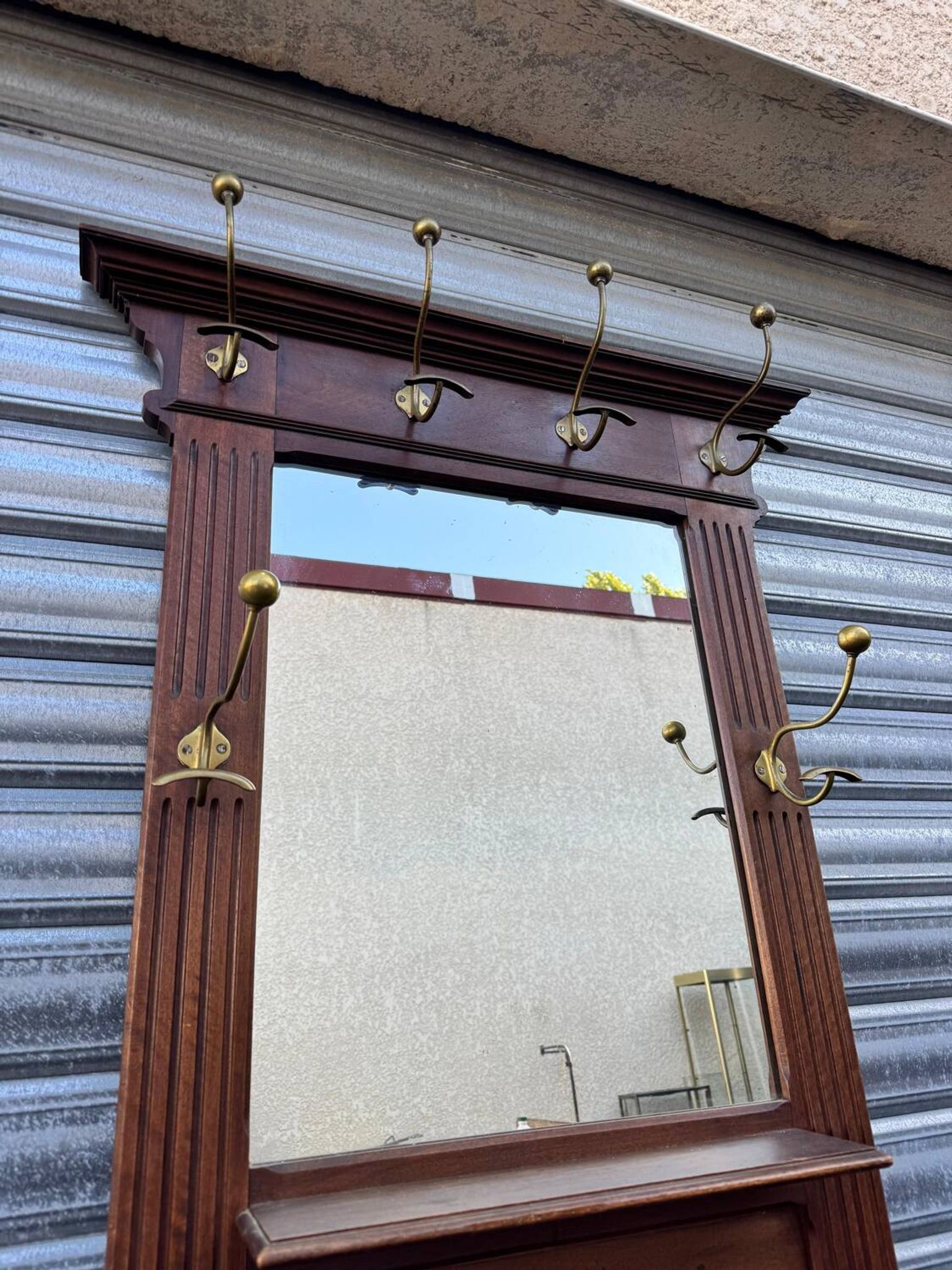Antique hall coat rack – mirror, hooks & umbrella stand
