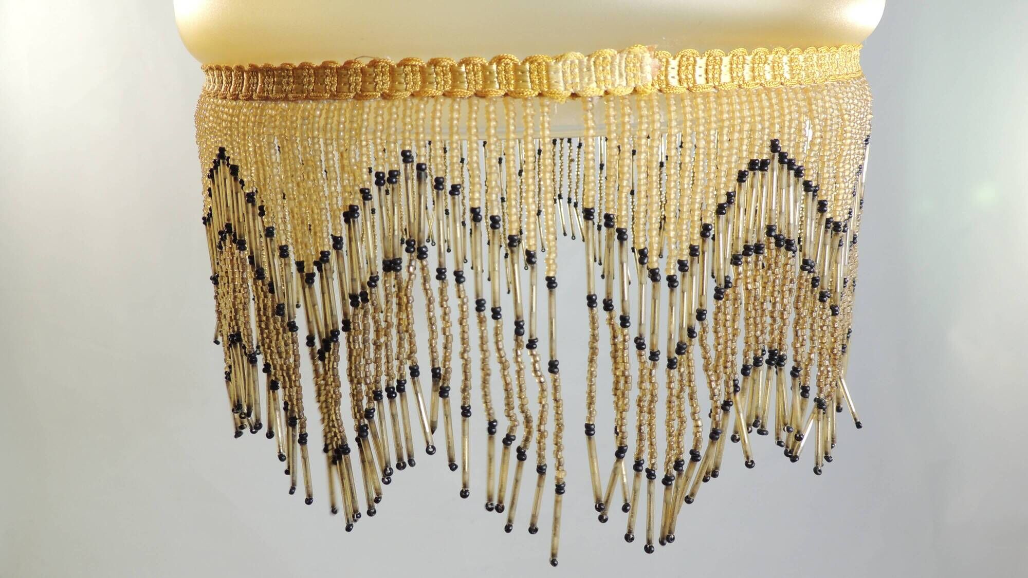 Vintage frosted glass pendant light with beaded fringes - Art Deco lamp
