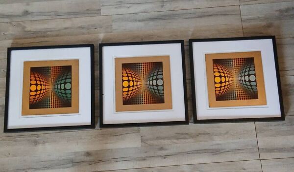 Triptyque Art Optique - Victor Vasarely - 3 Cadres 40x40cm