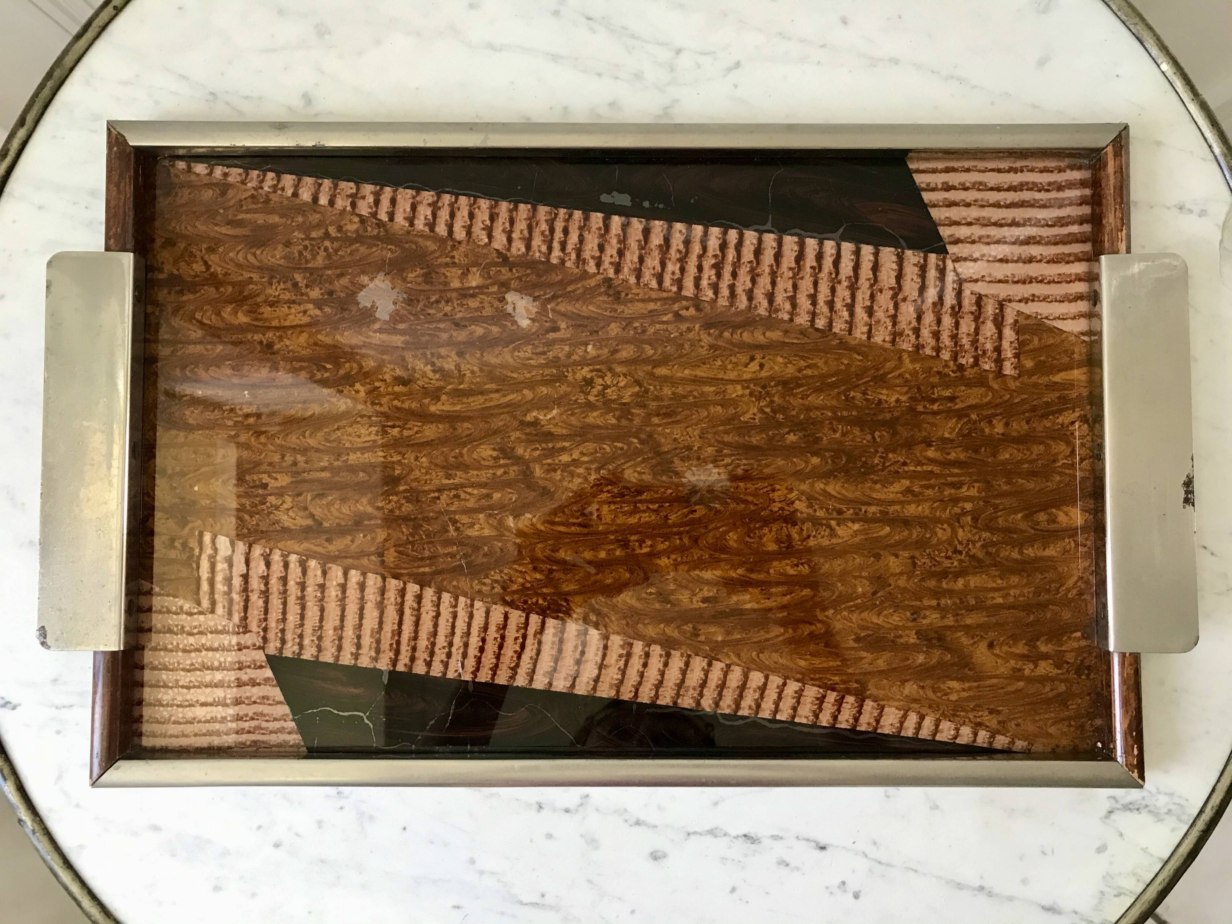 Plateau miroir en chrome, verre, bois et marqueterie années 60-70