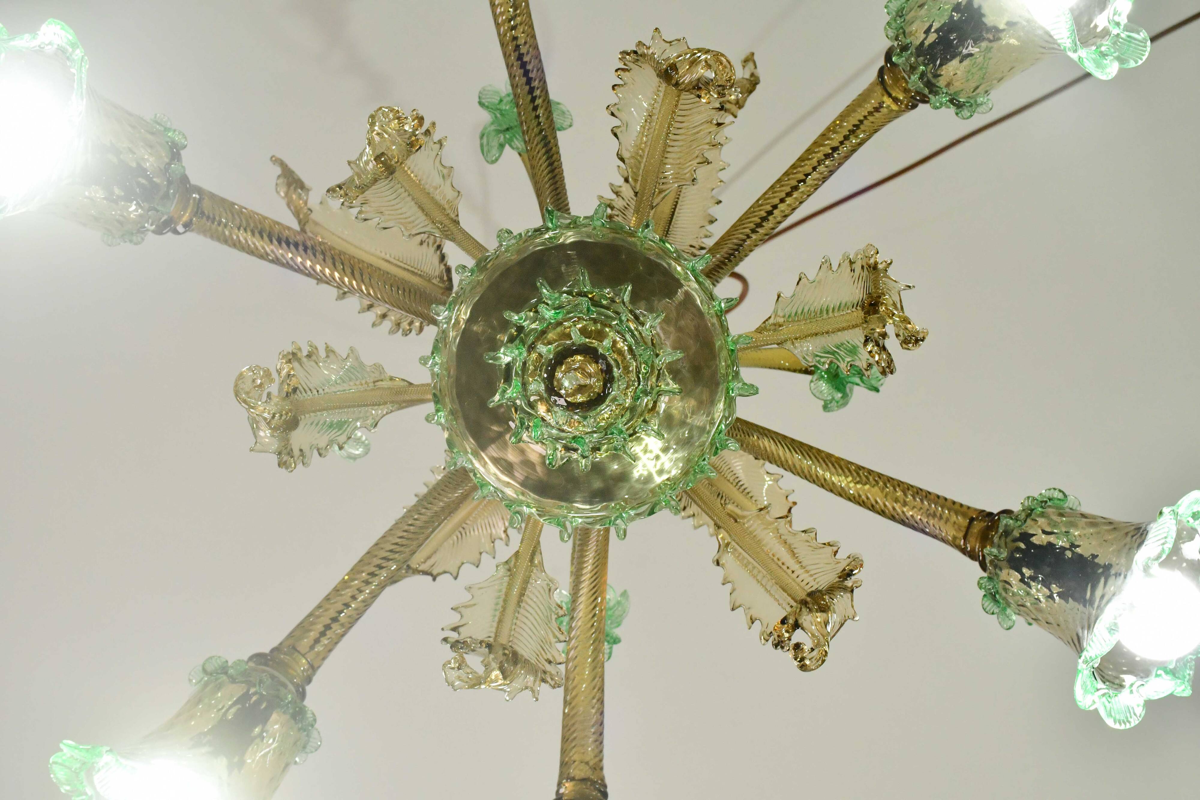 6 arms vintage Venetian chandelier, green Murano glass, 1950s
