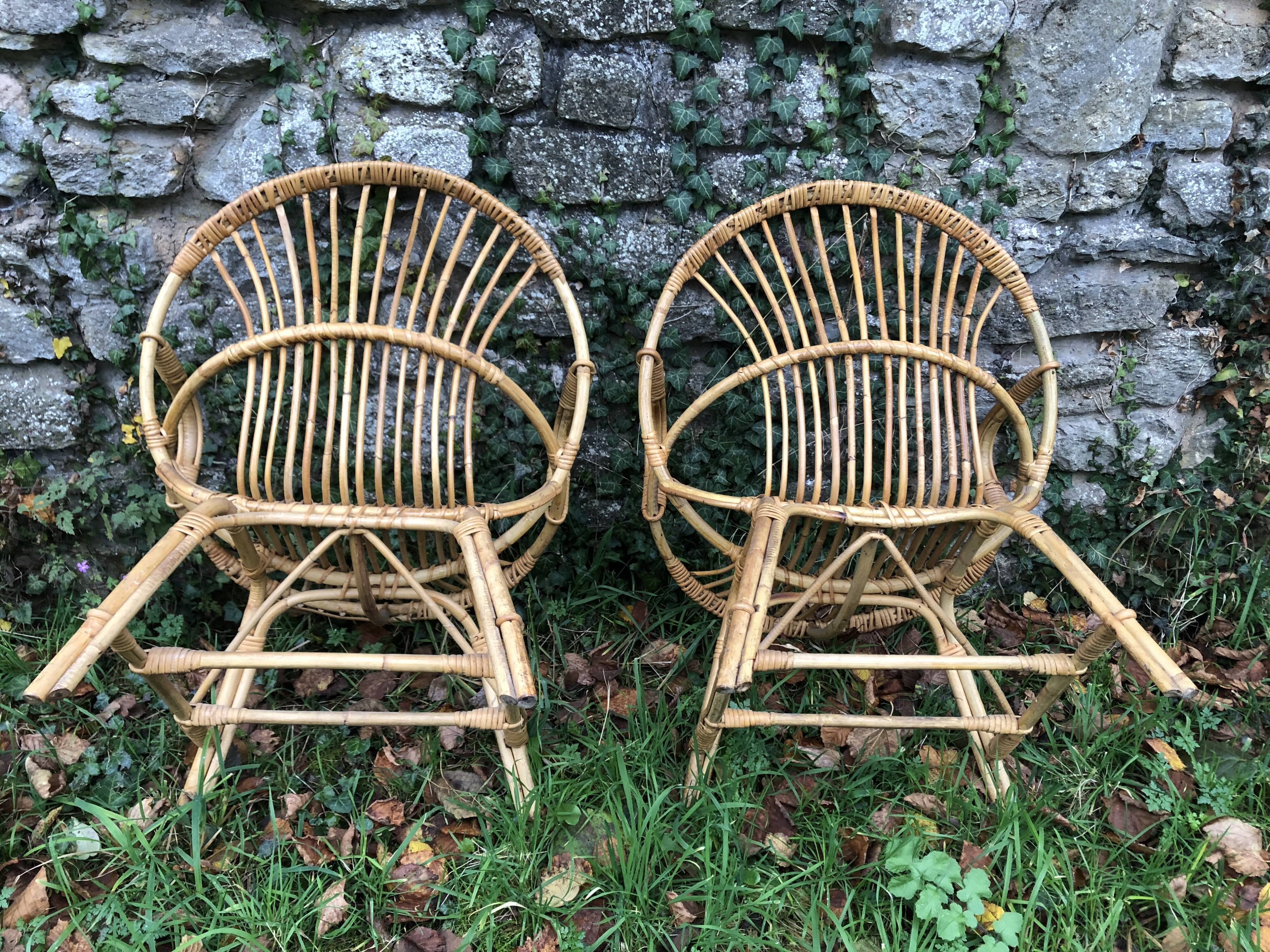 Bamboo rattan armchairs 60s