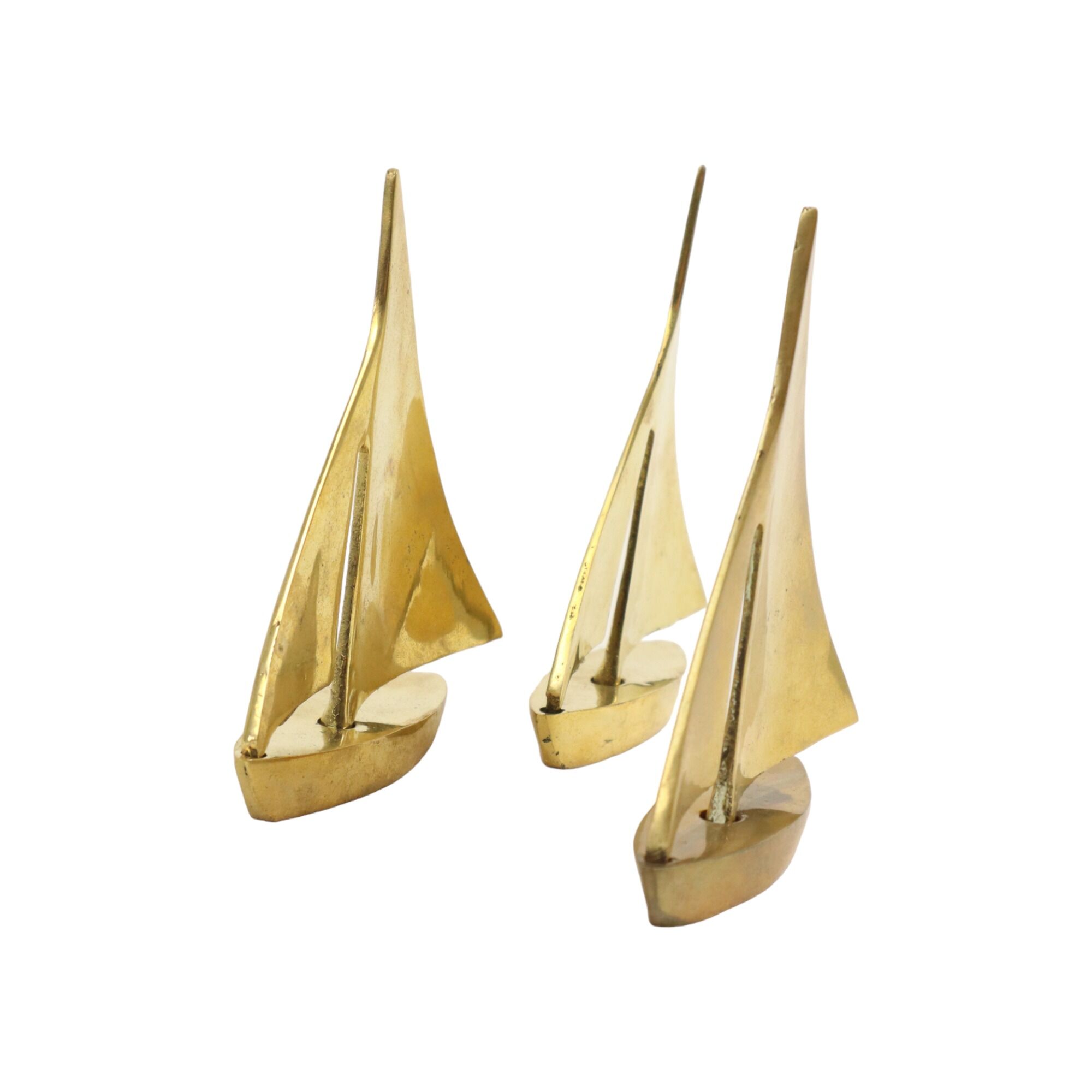 Three Vintage Sailboat Figurines Brass Minimalist Boat Sixties 11cm