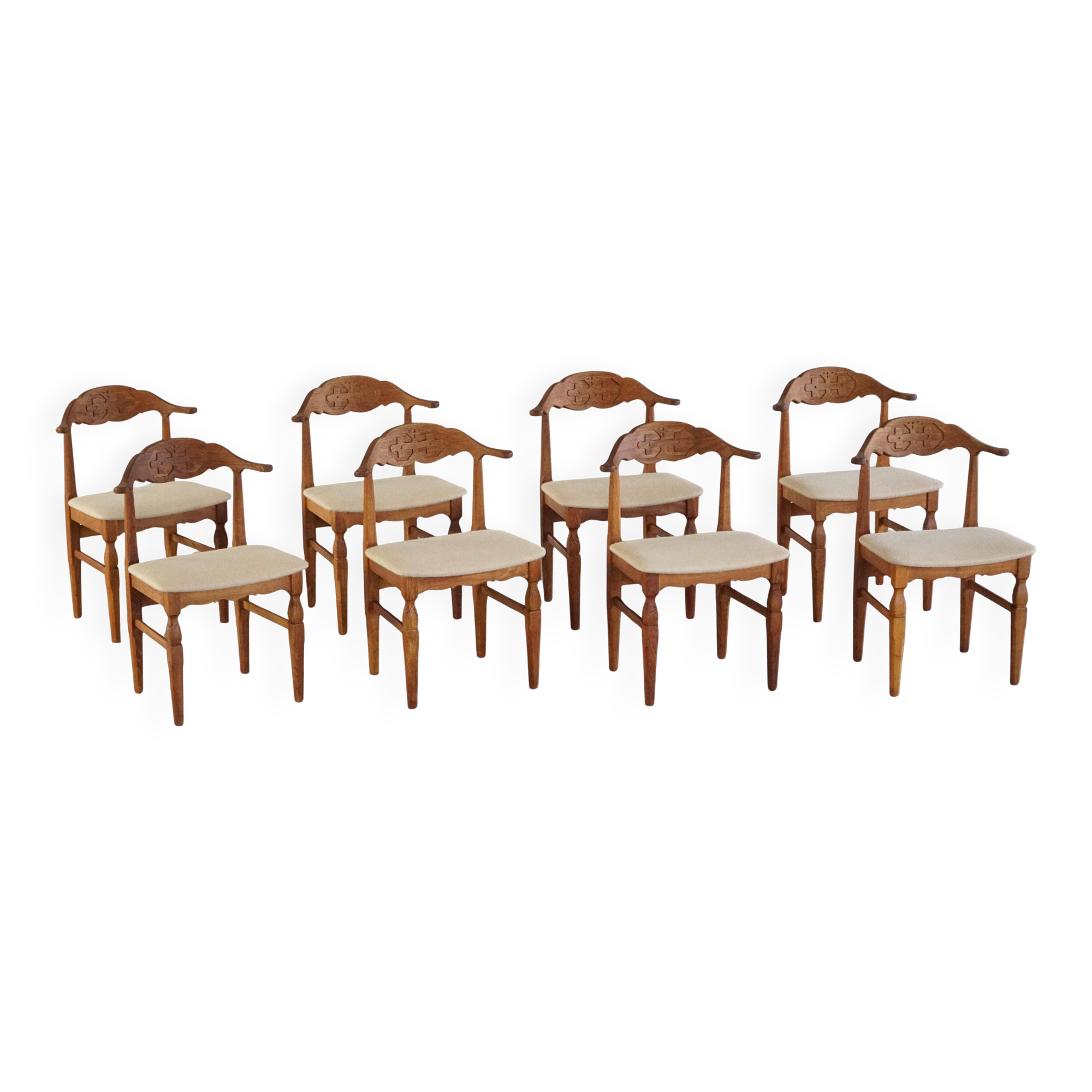 Henning Kjærnulf, set of 8 oak chairs with jute fabric, mid-century Danish, 1960s.
