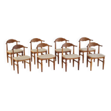 Henning Kjærnulf, set of 8 oak chairs with jute fabric, mid-century Danish, 1960s.