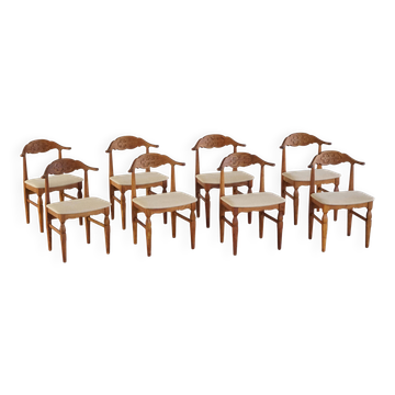 Henning Kjærnulf, set of 8 oak chairs with jute fabric, mid-century Danish, 1960s.