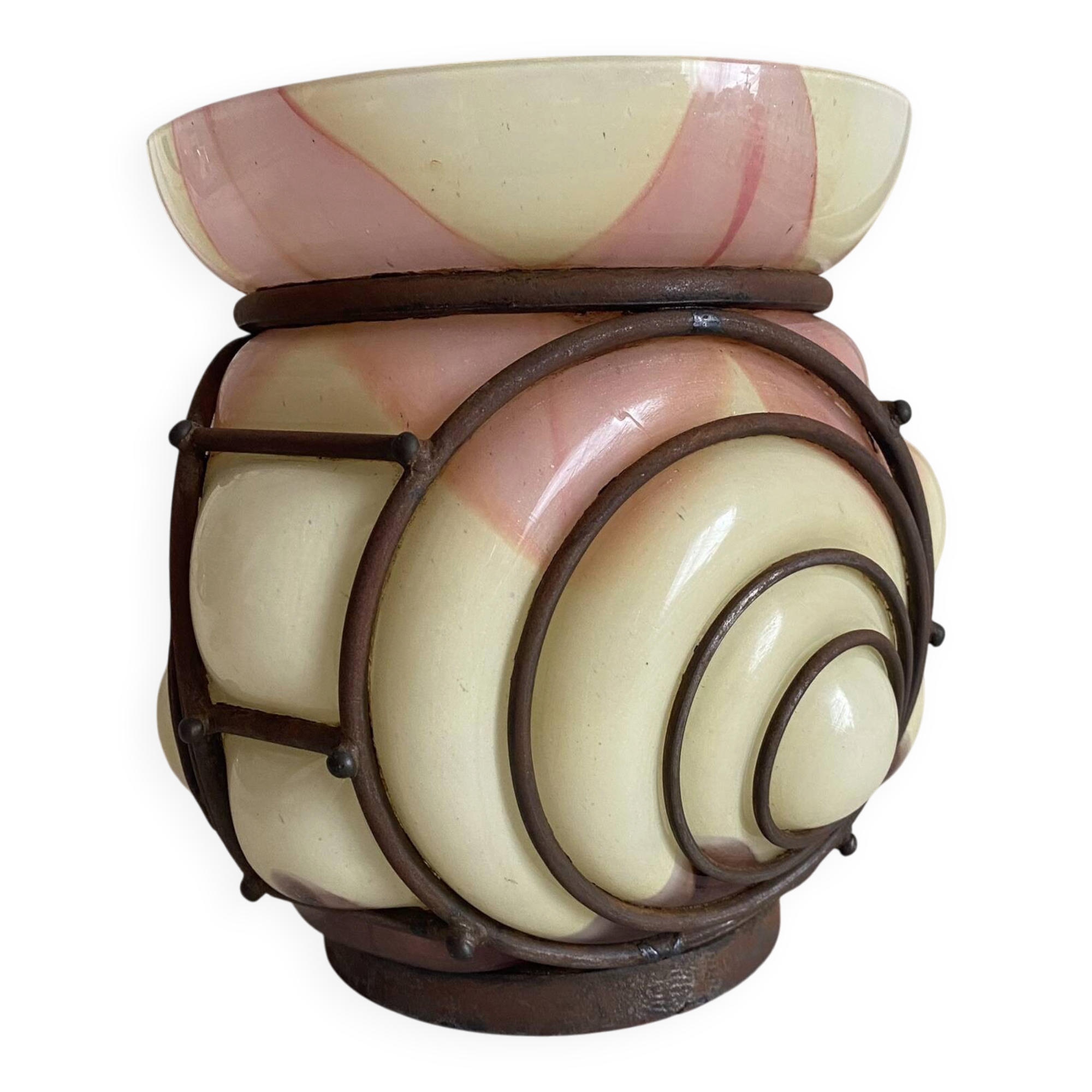 Art Deco vase in marbled glass and wrought iron, 1930s.