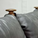 Sturdy Mid-Century Smooth Black Leather Scandinavian 3-Seat Sofa, 1960s