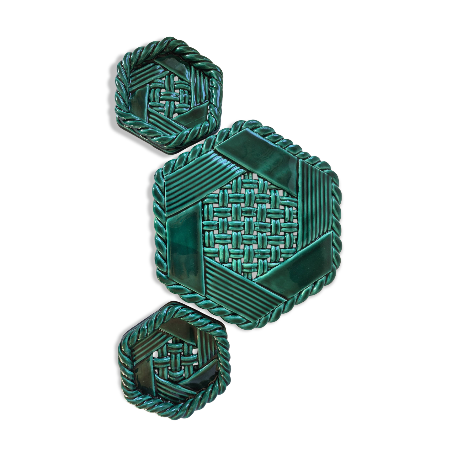 Varnished ceramic trivet from Vallauris and 2 bottle coasters.