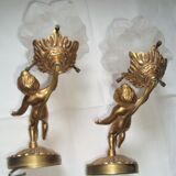 Pair of sconces Angels Cherubs Bronze Gilded Tulips Cut Glass