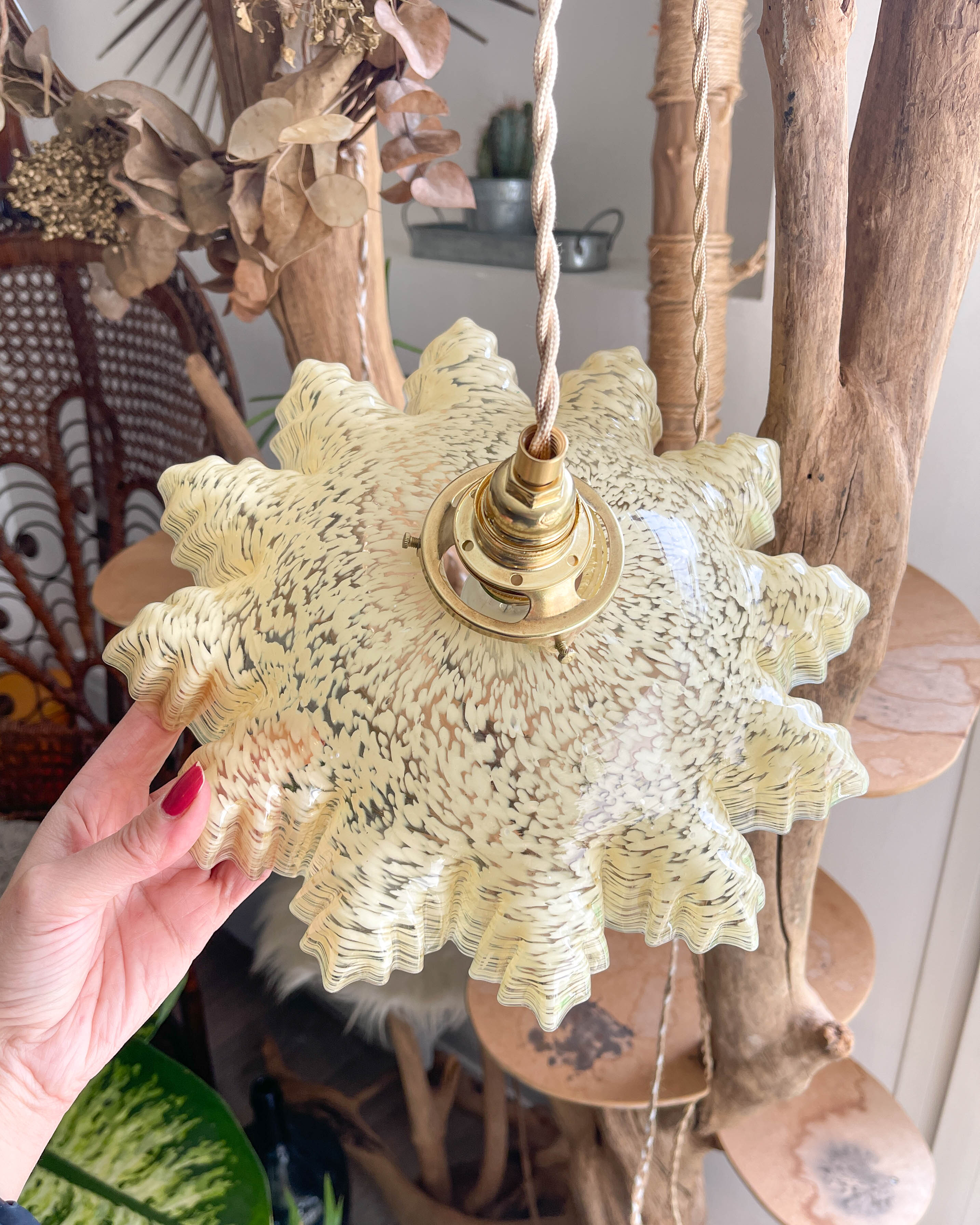 Vintage yellow pleated clichy glass portable lamp