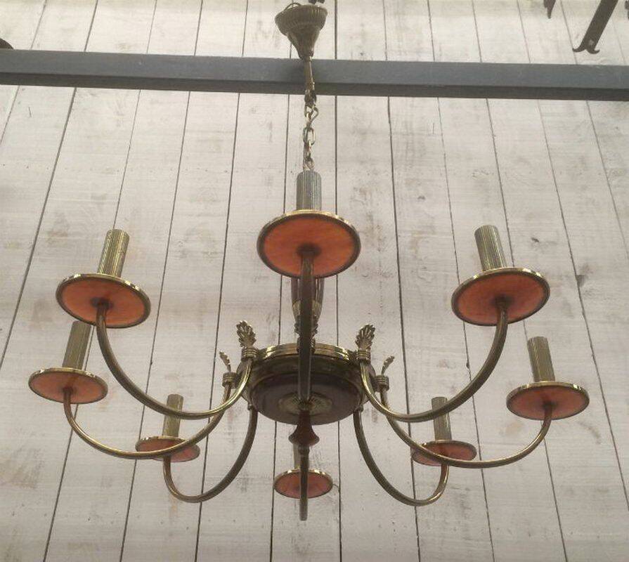 Brass and red plexiglass chandelier