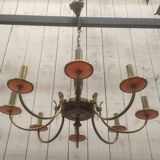 Brass and red plexiglass chandelier