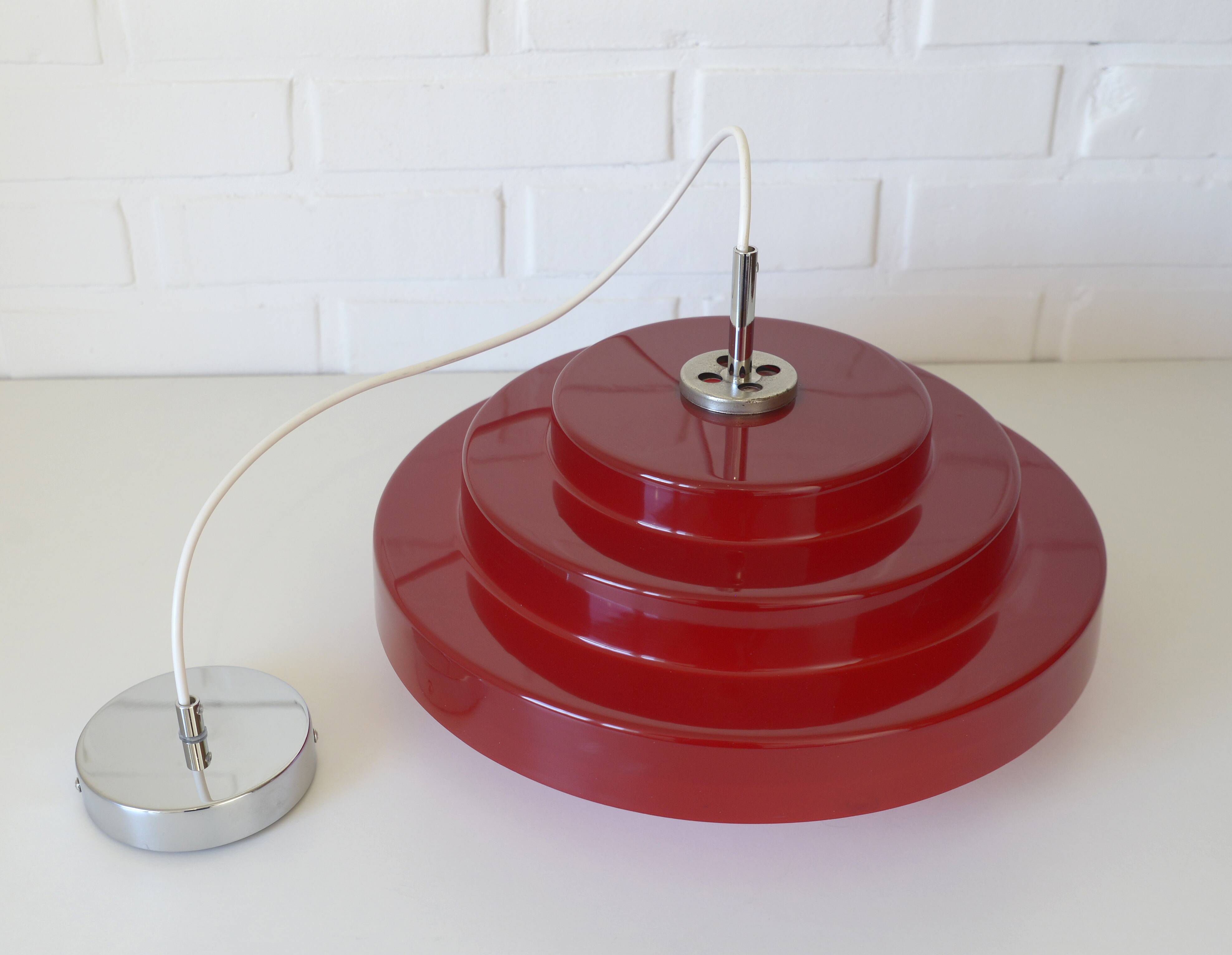 Vintage Scandinavian Design Hanging Lamp / Red Plastic Pendant Light 1970's