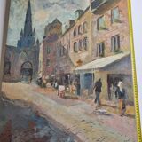 Vue animée de Guingamp, huile sur toile signée Roland, 73 x 52 cm