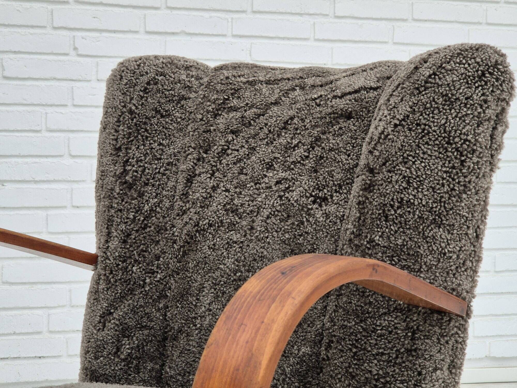 1950s, Danish design, reupholstered armchair, genuine sheepskin "Wellington".