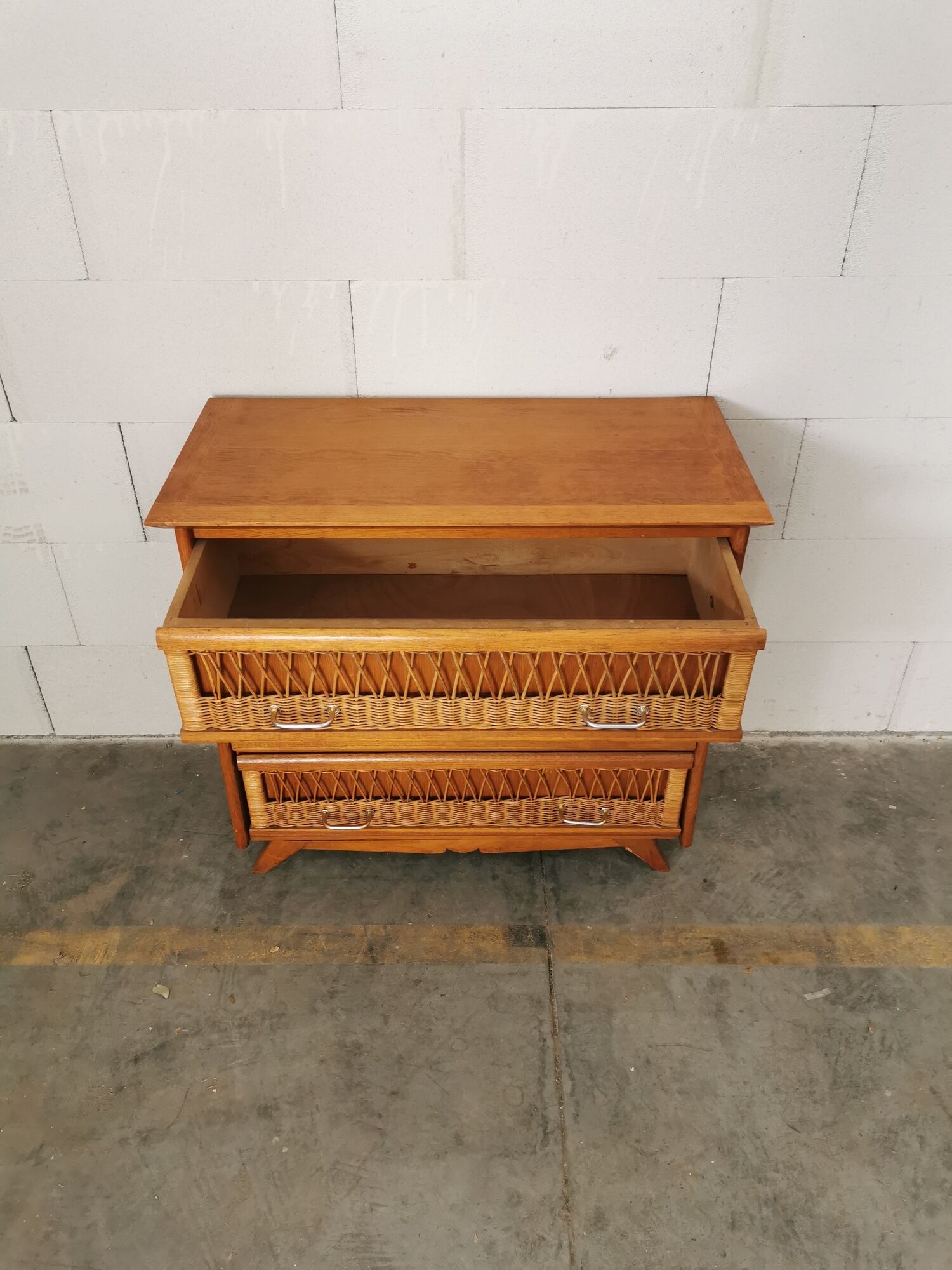 Vintage wood and rattan chest of drawers
