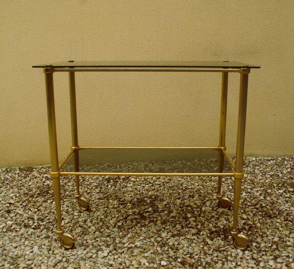 Ancienne desserte en laiton, et plateau en verre fumé  Style Louis XVI.