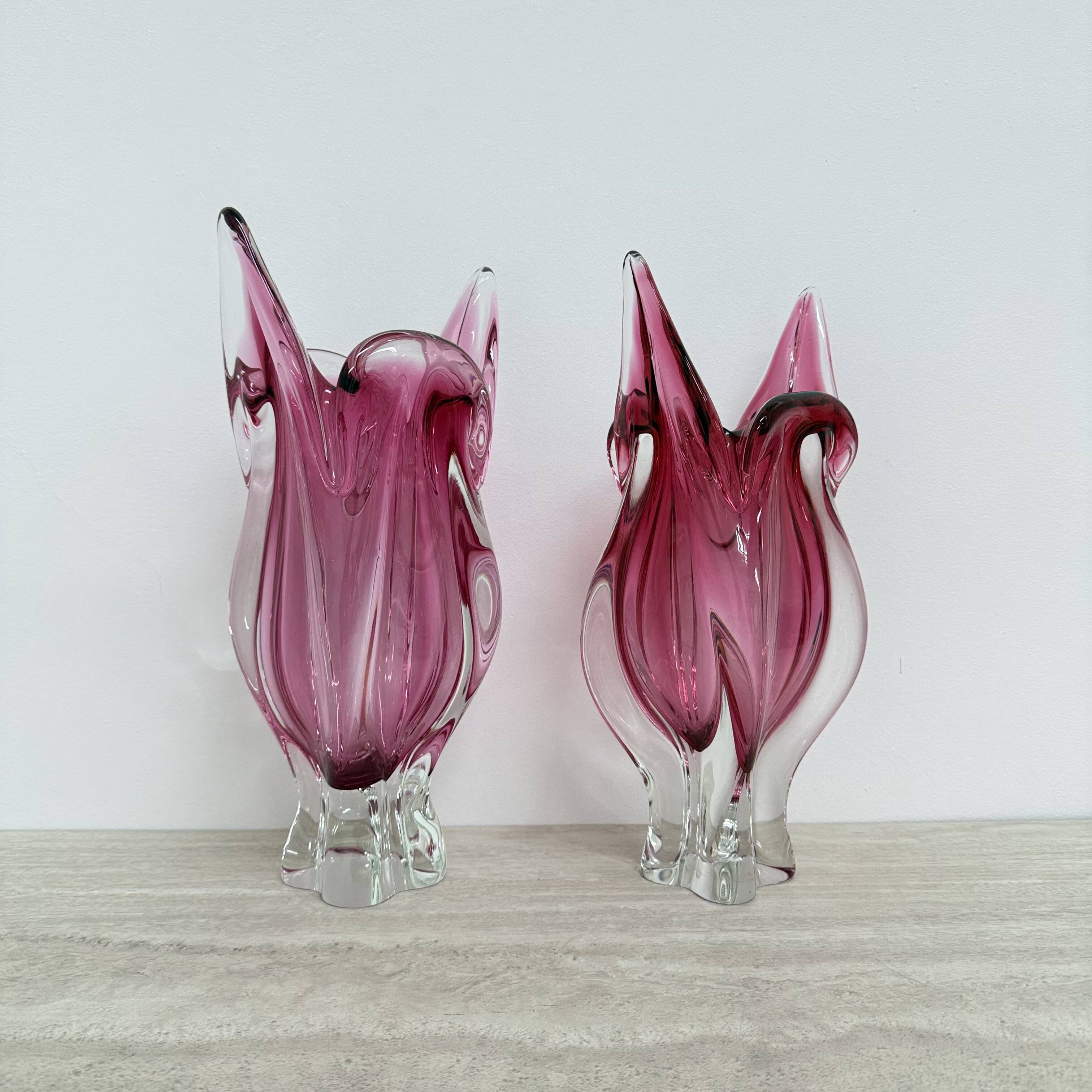 Pair of pink murano glass hand made vases , 1970’s Italy