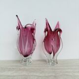 Pair of pink murano glass hand made vases , 1970’s Italy
