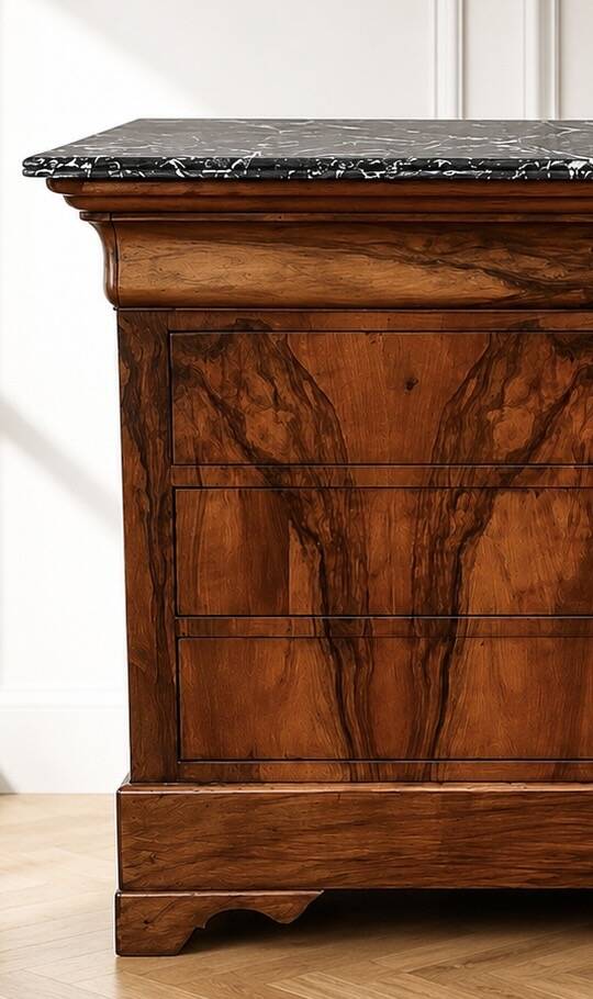 Commode d’époque Louis-Philippe en ronce de noyer, milieu du XIXe siècle