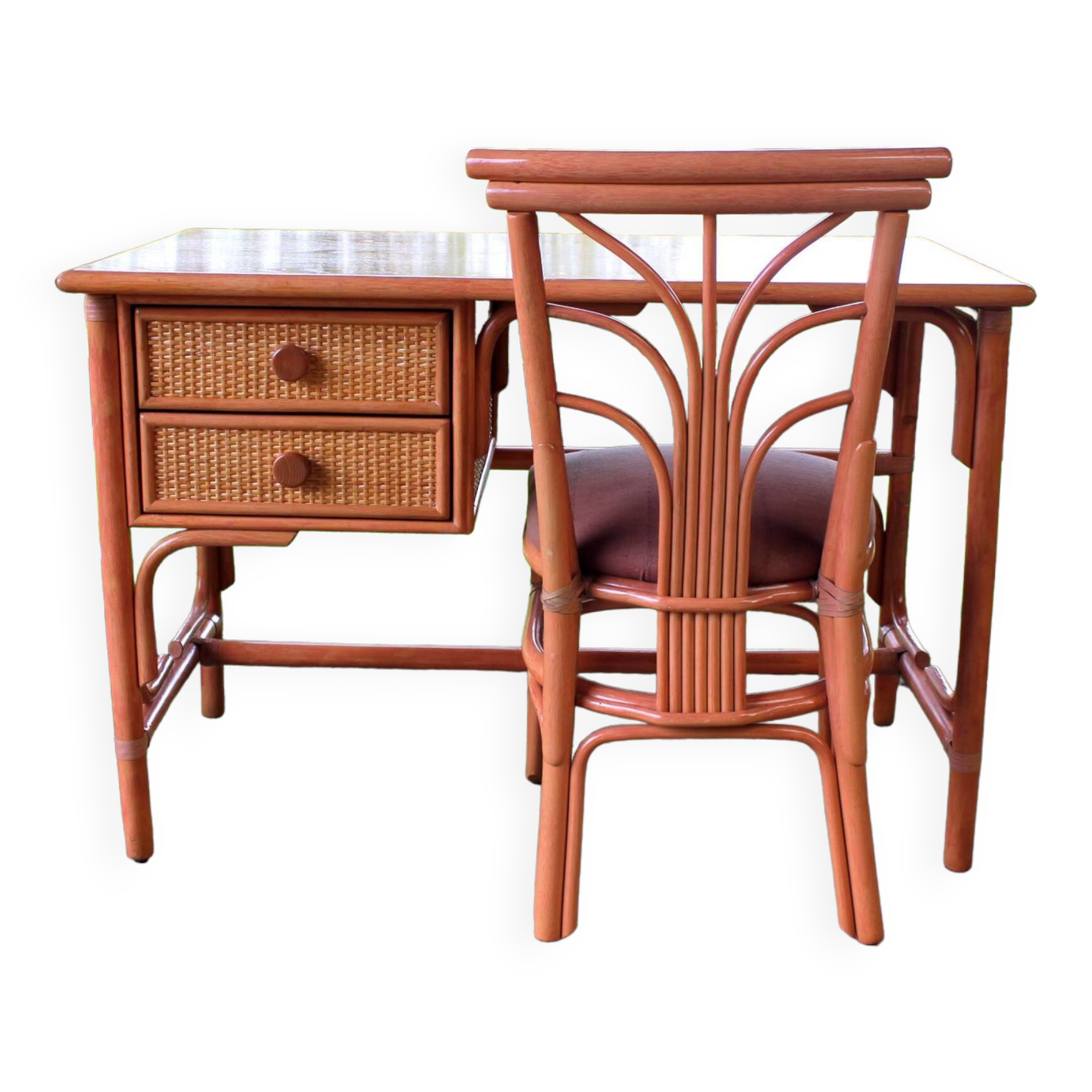Rattan and beech desk and chair