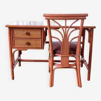 Rattan and beech desk and chair