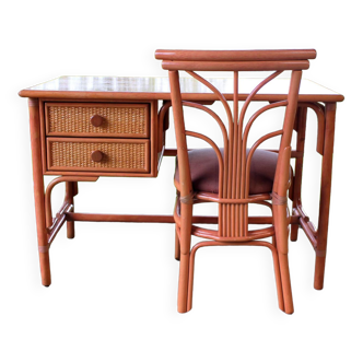 Rattan and beech desk and chair