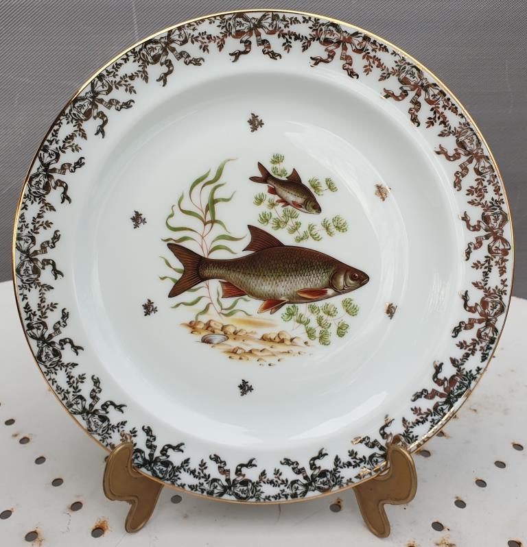 Set 12 plates porcelain gold fine fish fern limousine de Chastagner