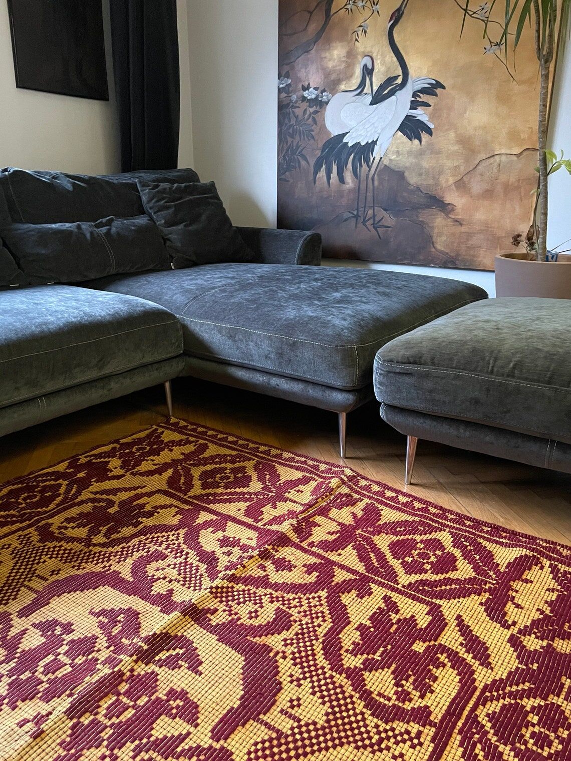 Vintage Romanian carpet floral design brown on yellow background 251x150cm