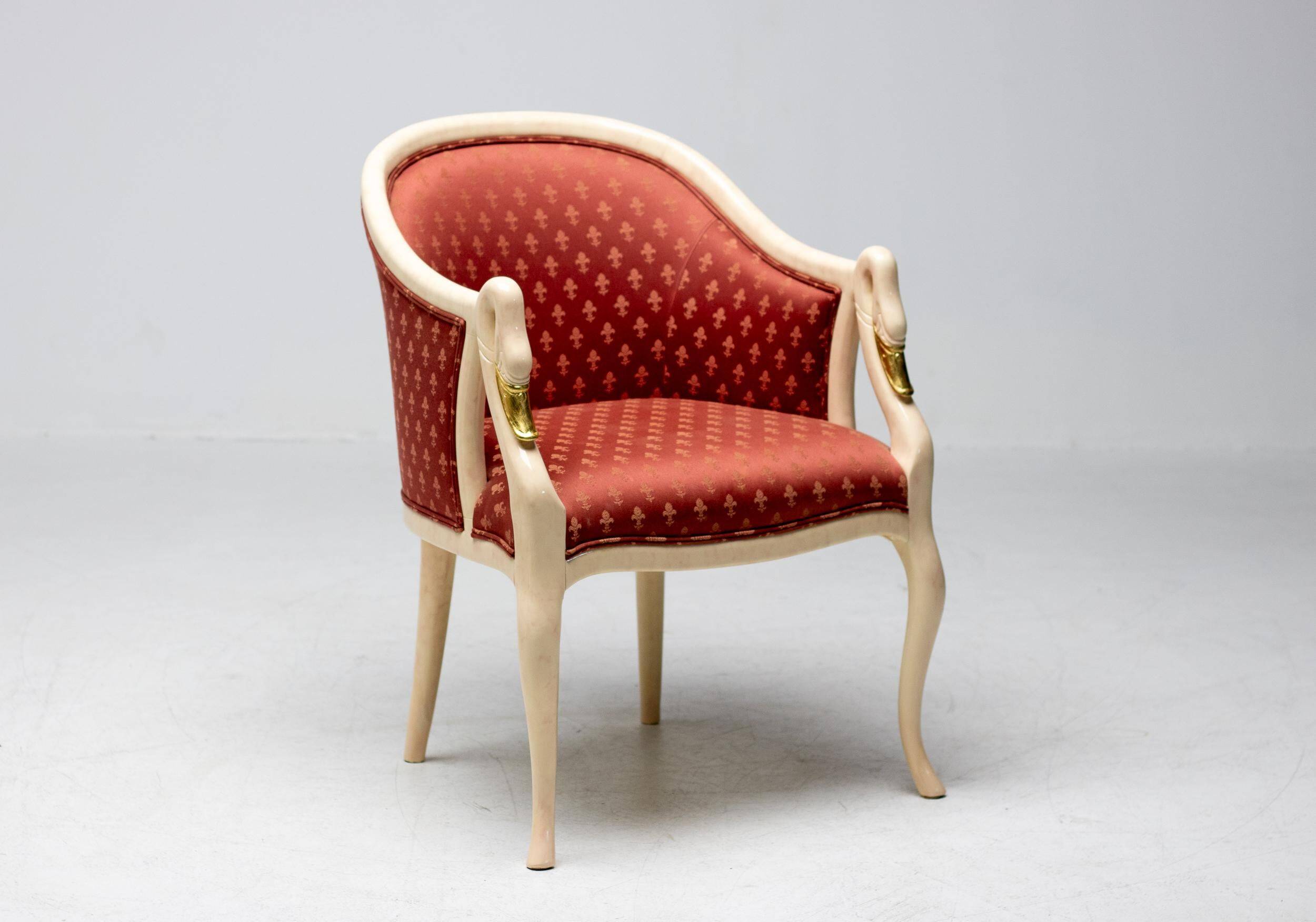 Trüggelmann - Swan neck armchair - Marble and gold base, poppy red damask