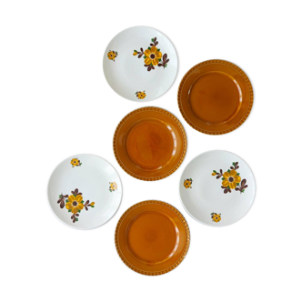 6 ochre-coloured dessert plates and flowers