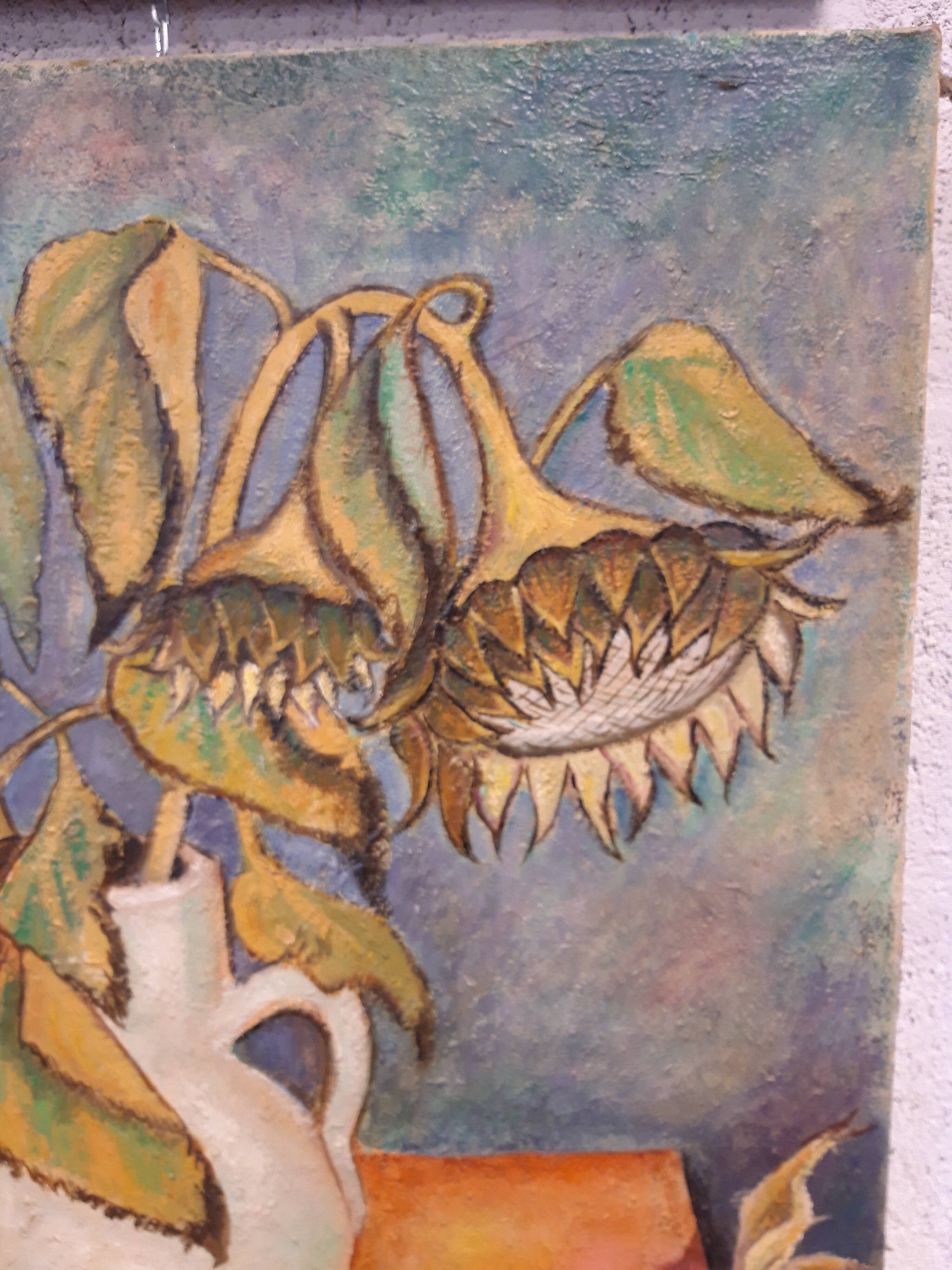 Oil on canvas, faded sunflowers