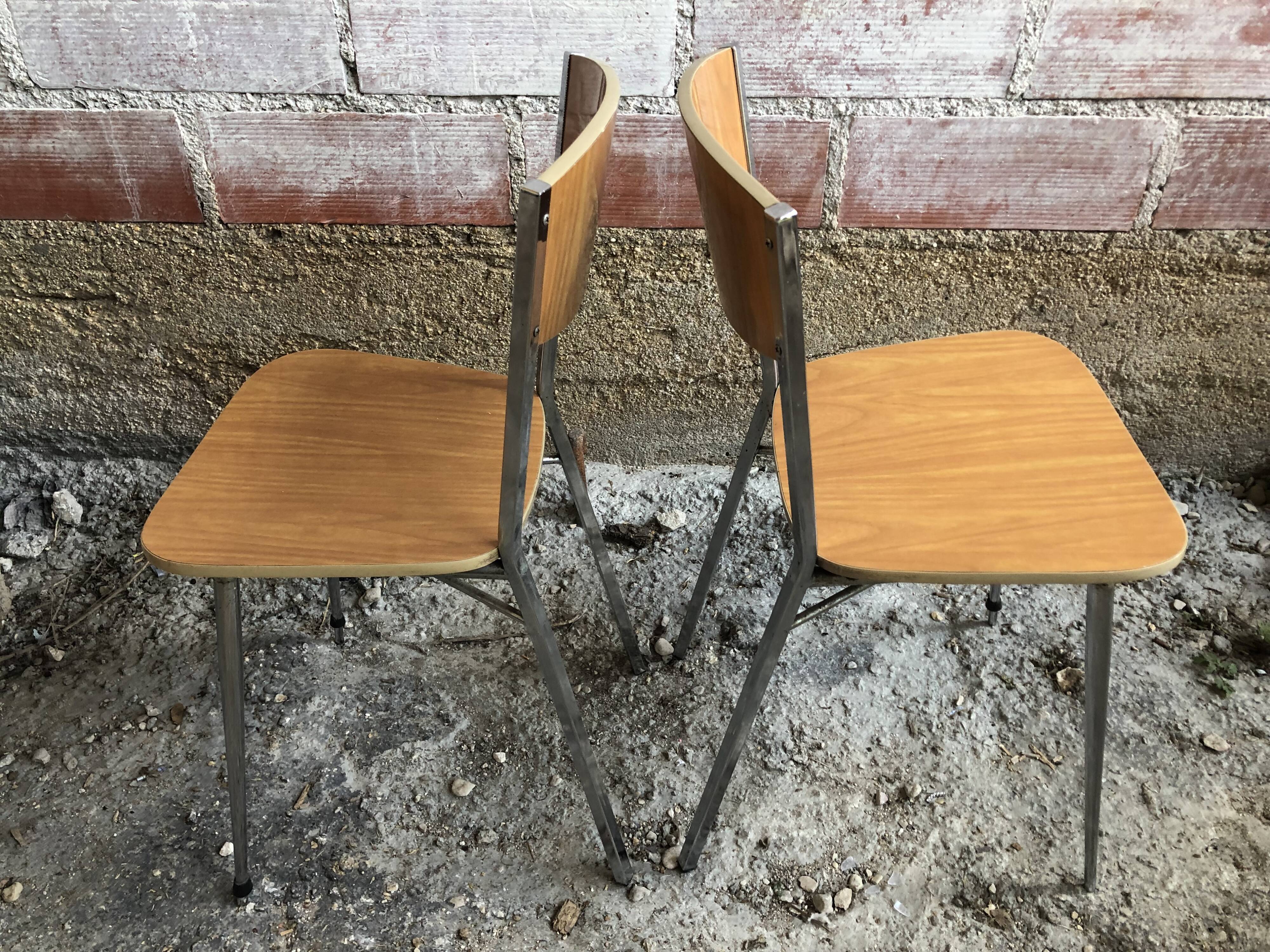 Pair Chair Feet Compass Metal Chrome + Formica Brown 70s Vintage