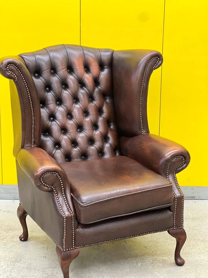 Vintage Brown leather chesterfield wingback armchair