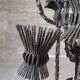 Brutalist floor lamp with five thistle-shaped lights in black wrought iron, 1970s