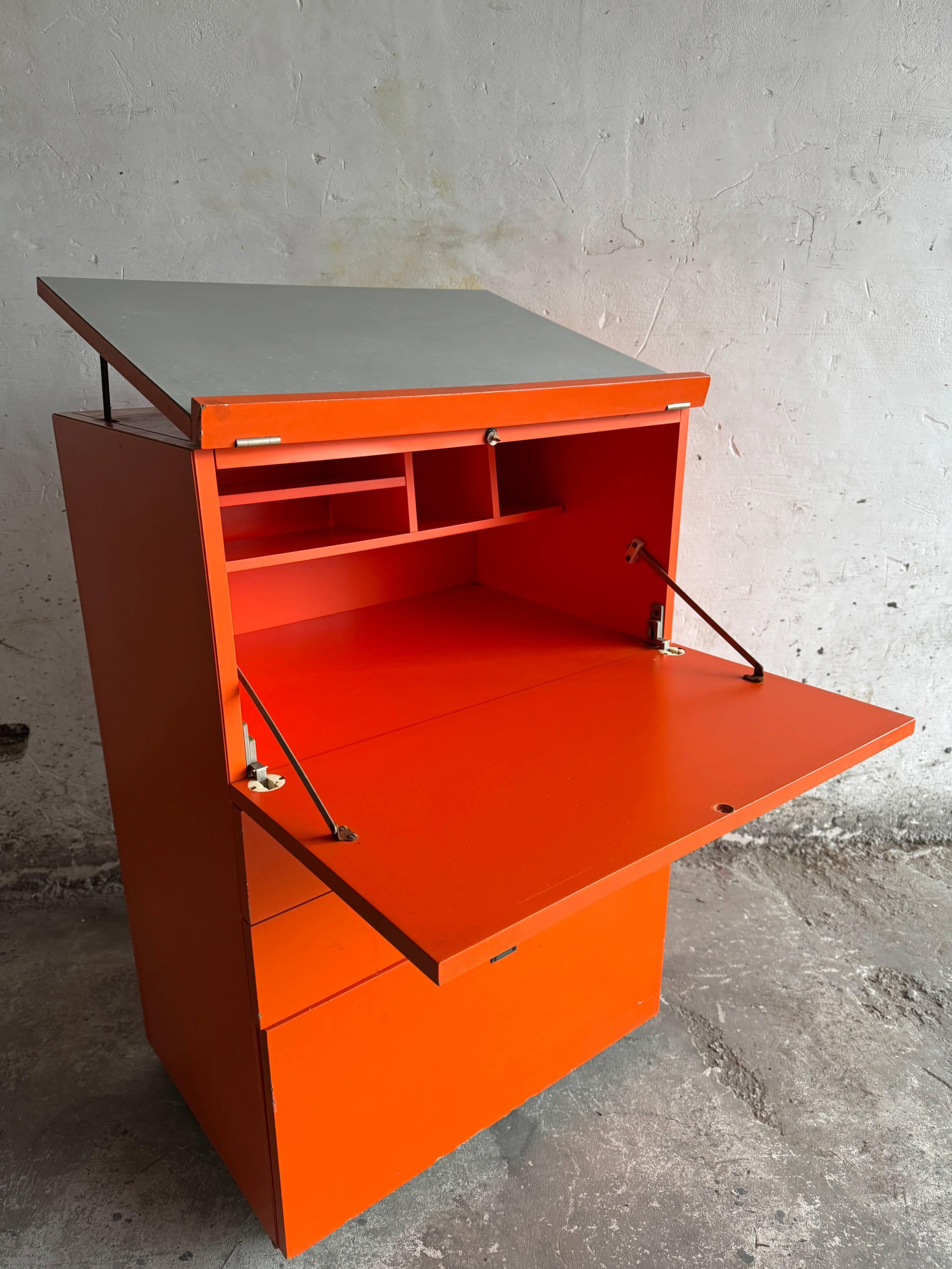 1980 Brown Wood Chest of Drawers with Fold-Out Work Surface and Angled Desktop