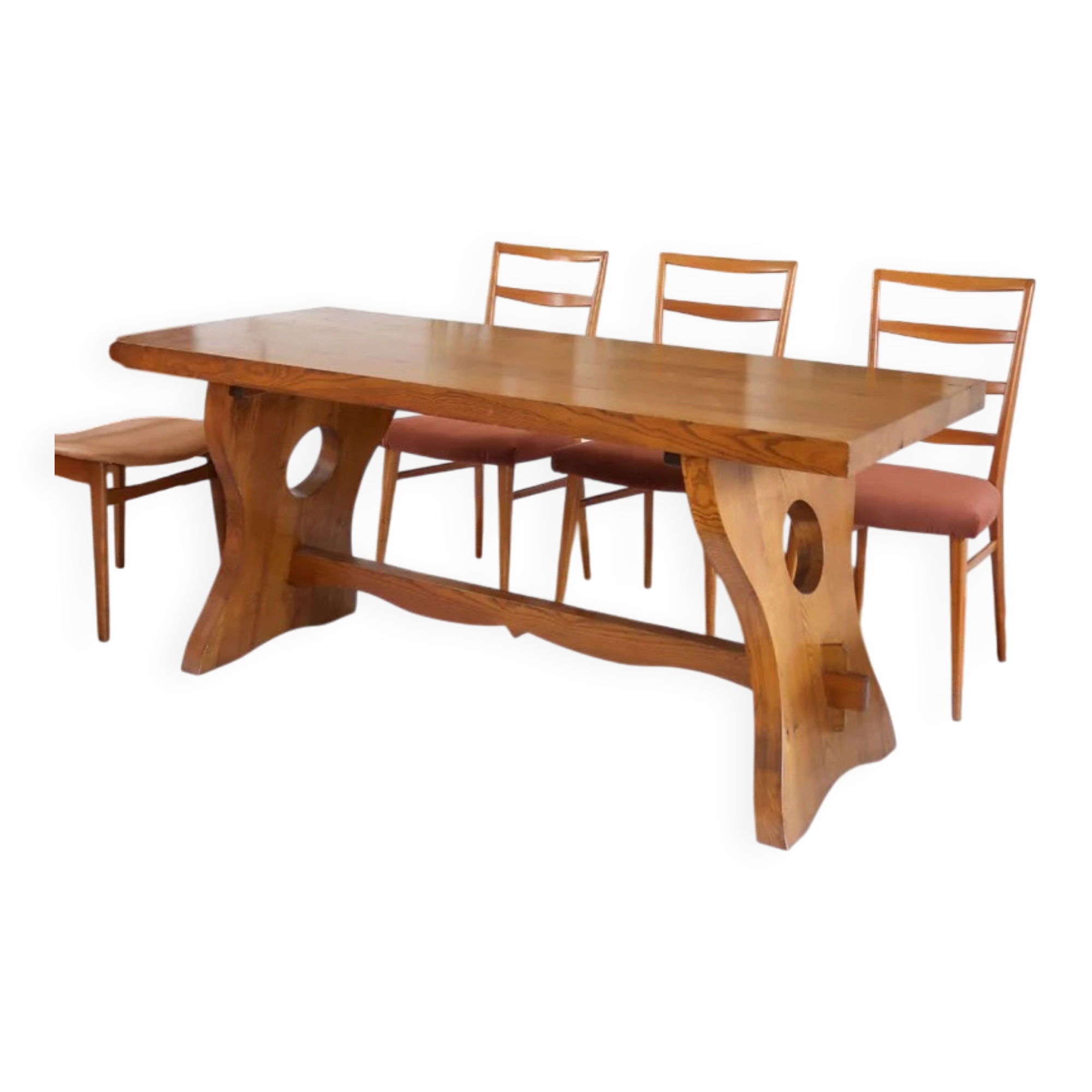 Solid wood dining table, sculpted brutalist base, 1960s.