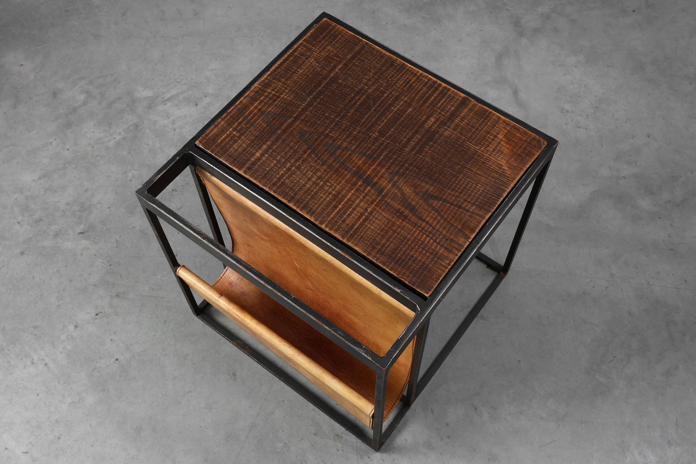 Mid-Century Magazine Holder in Metal, Wood and Leather, Belgium 1960s