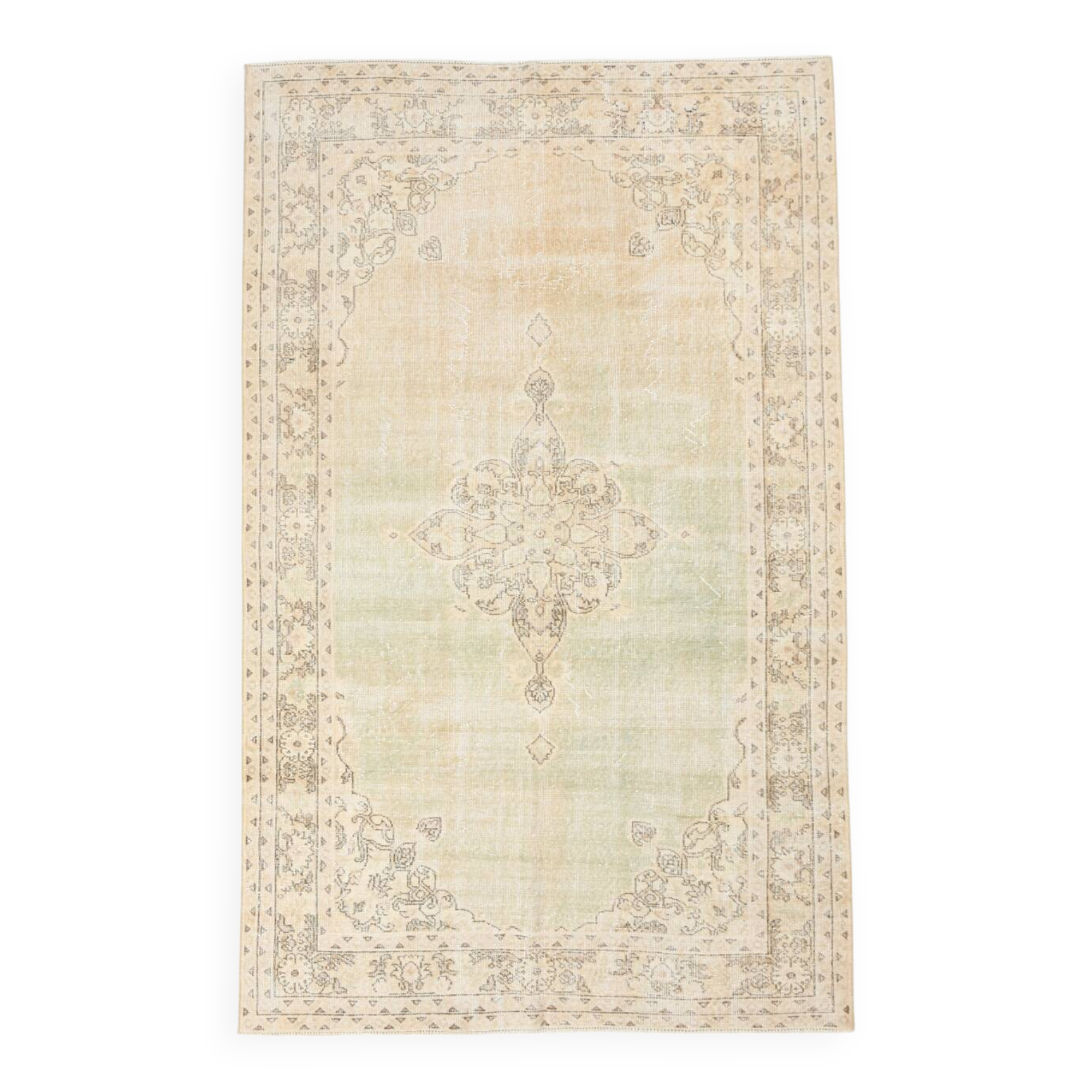 Tapis Anatolien Vintage Fait Main en Laine, Tons Vert Pâle, Beige, Ivoire