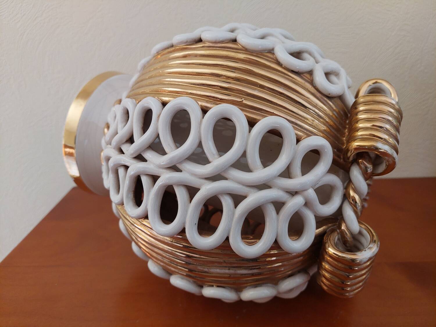 Sainte Radegonde ball vase in white and gold earthenware circa 1940-1950