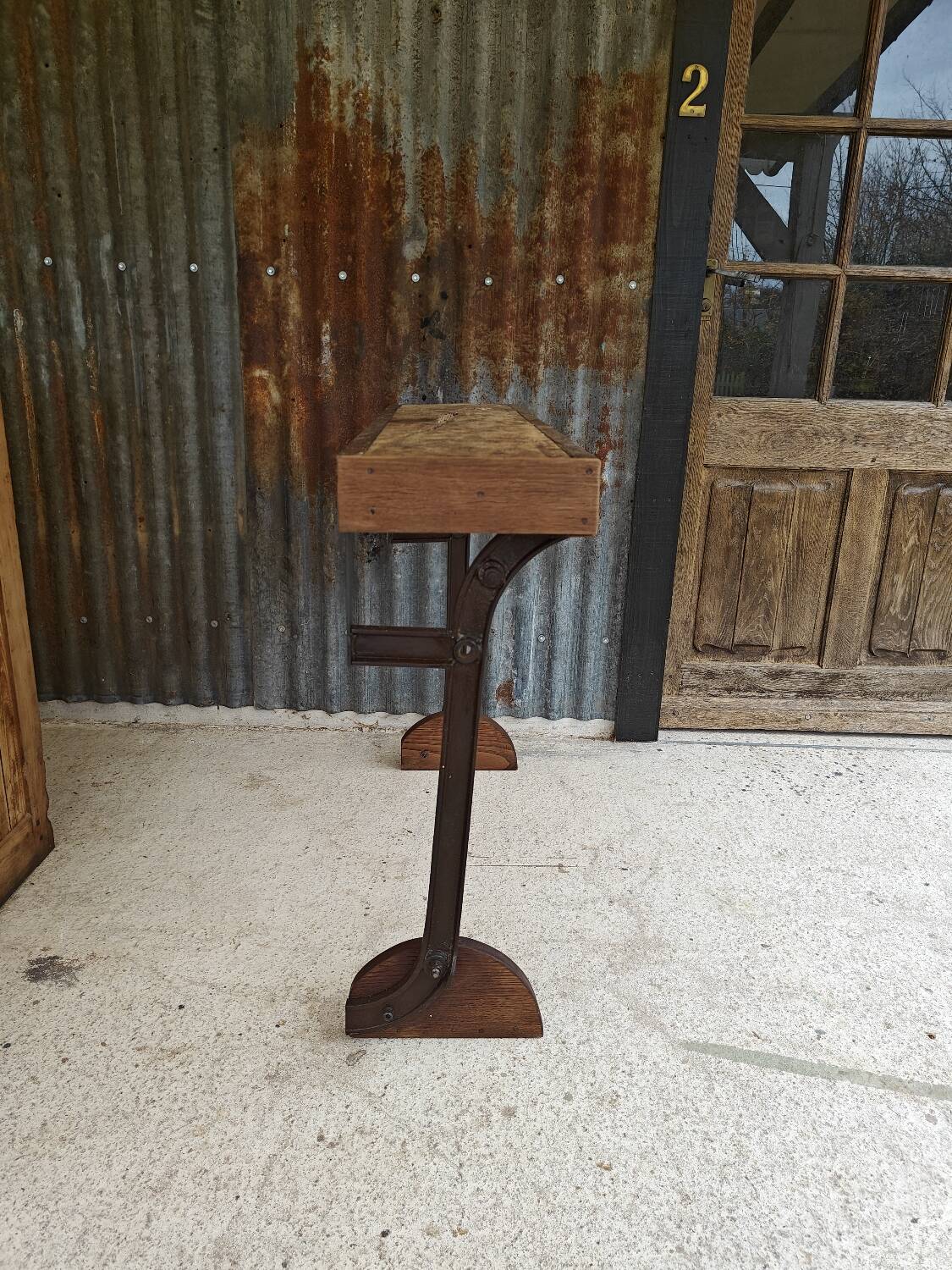 Wooden and cast iron workbench console