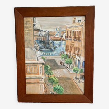 Aquarelle sur papier représentant une rue et un port par Vanier