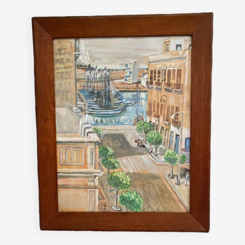 Watercolor on paper representing a street and a port by Vanier