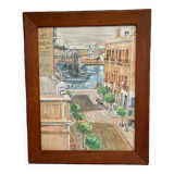 Watercolor on paper representing a street and a port by Vanier