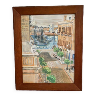 Aquarelle sur papier représentant une rue et un port par Vanier