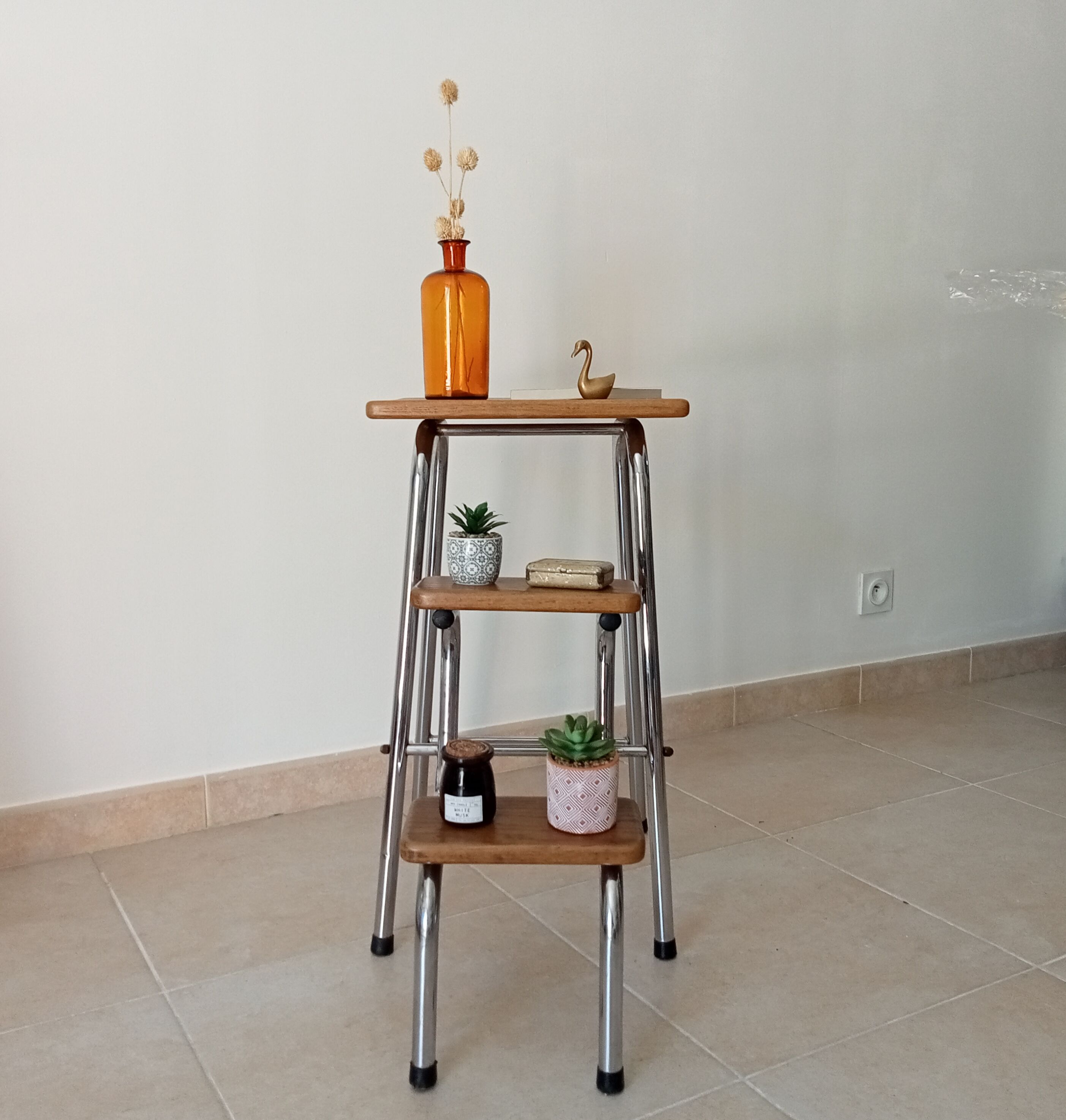 Stepladder stool vintage chrome and solid oak 60/70s